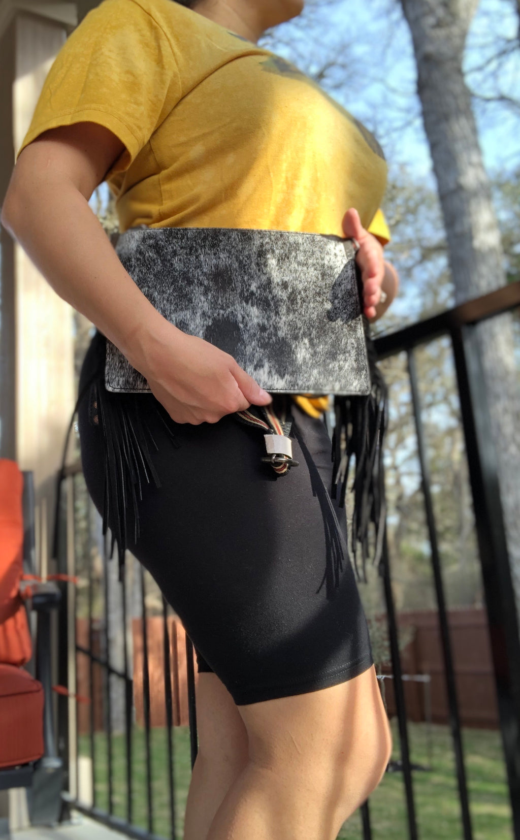 Black and white hair on hide crossbody clutch